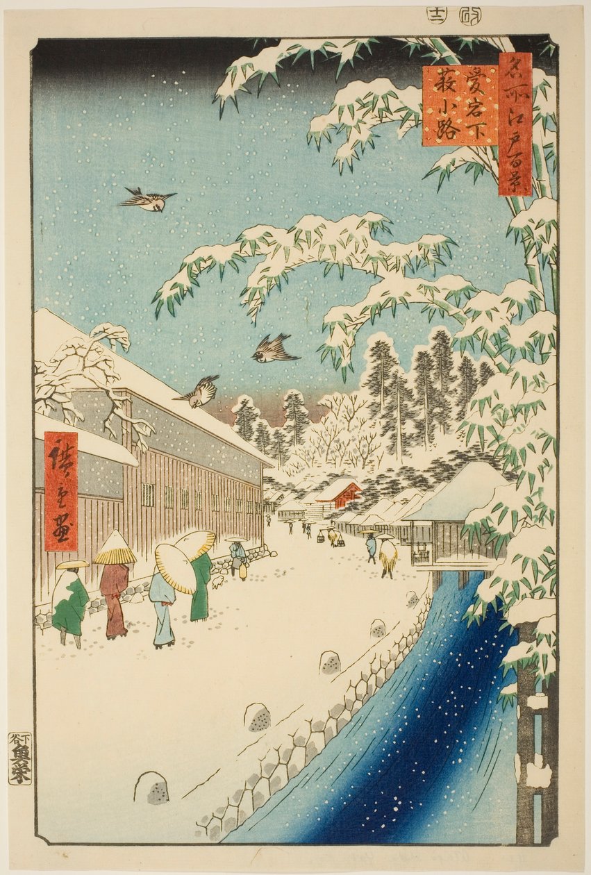 Yabu-straat aan de voet van Atago Hill (Atagoshita yabukoji), uit de serie "Honderd beroemde uitzichten van Edo (Meisho Edo hyakkei)" door Utagawa Hiroshige
