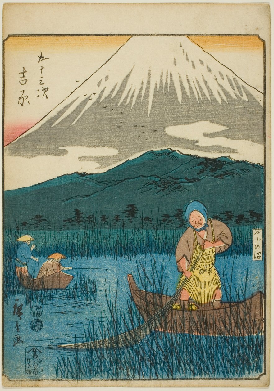 Yoshiwara, uit de serie "Drieënvijftig Stations [van de Tokaido] (Gojusan tsugi)," ook bekend als de Figuren Tokaido (Jinbutsu Tokaido) door Utagawa Hiroshige