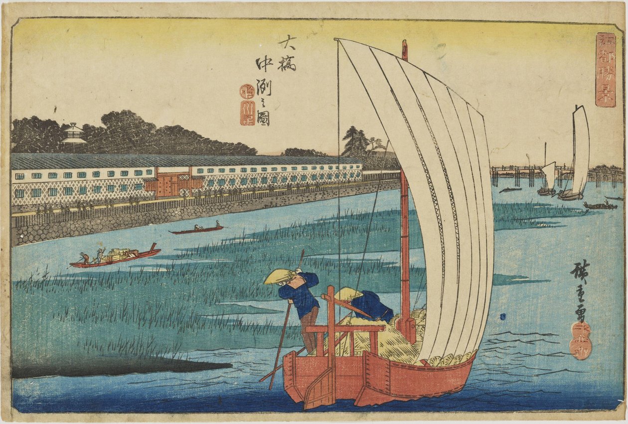 "Zandbank bij Ōhashi" uit de serie "Prachtige uitzichten op Edo" door Utagawa Hiroshige