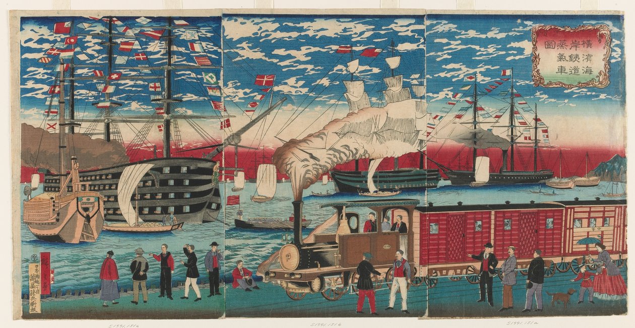 Afbeelding van een locomotief langs de waterkant van Yokohama, Yokohama, Edo periode door Utagawa Hiroshige III