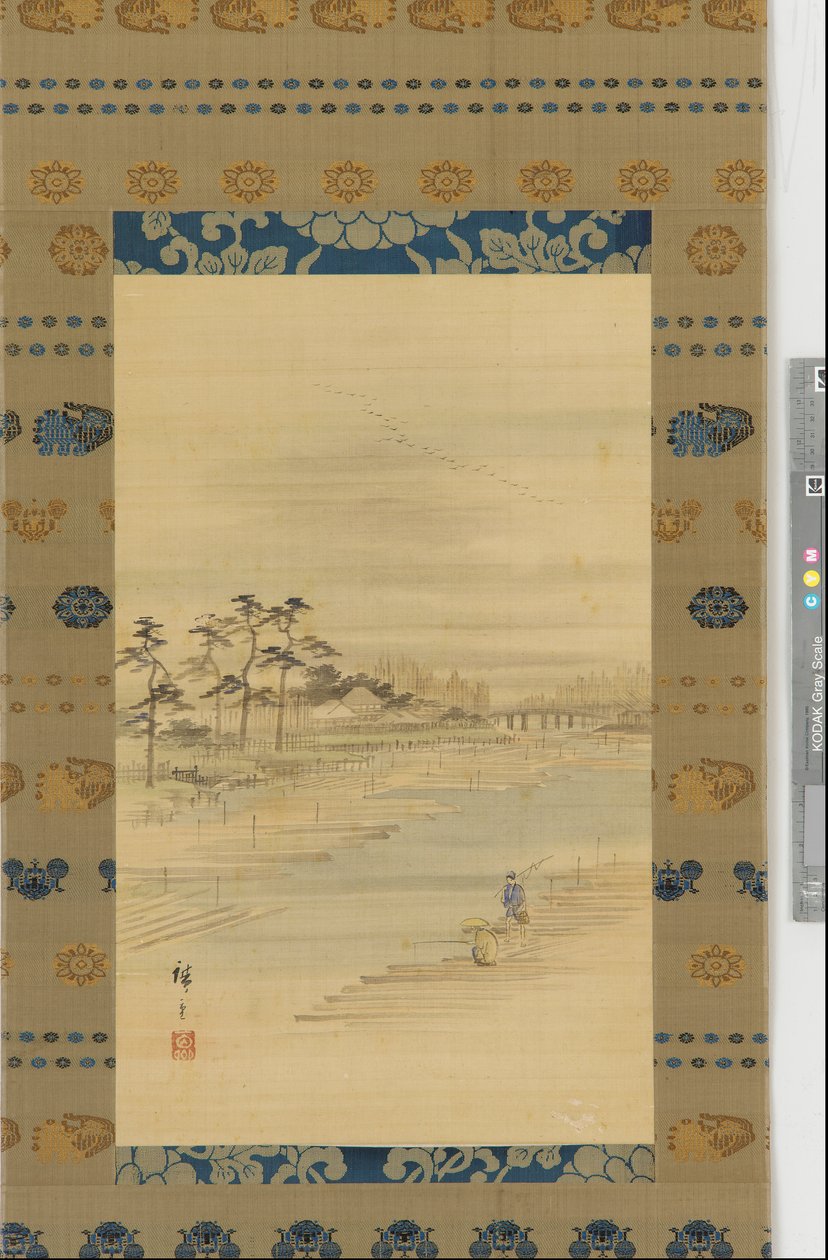 Rivierlandschap: houtwerven en vlotten, midden 19e eeuw door Utagawa Hiroshige II