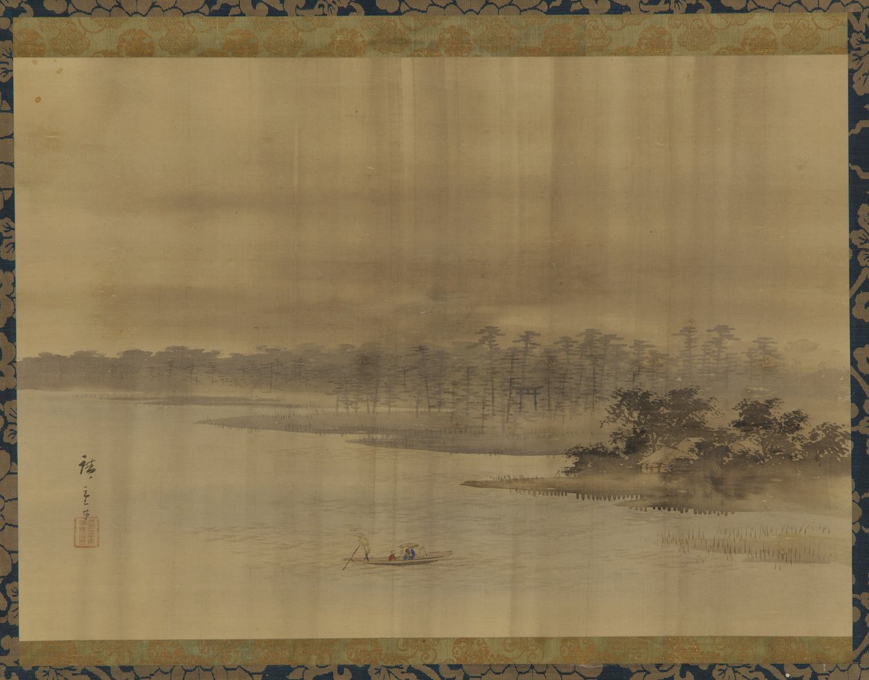 Rivierlandschap en tempel in de regen door Utagawa Hiroshige II