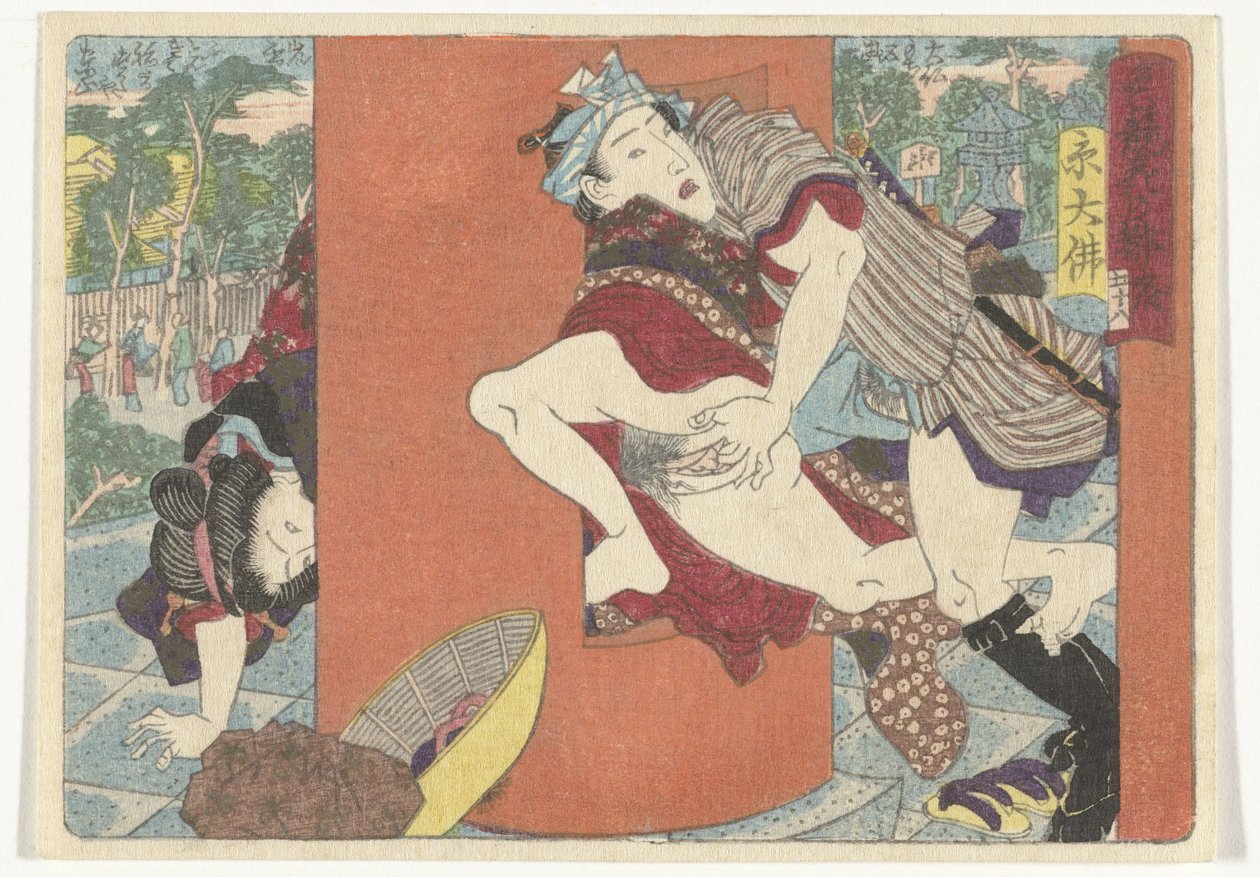 Een ontmoeting bij de tempel door Utagawa Kunisada (I) (attributed to)