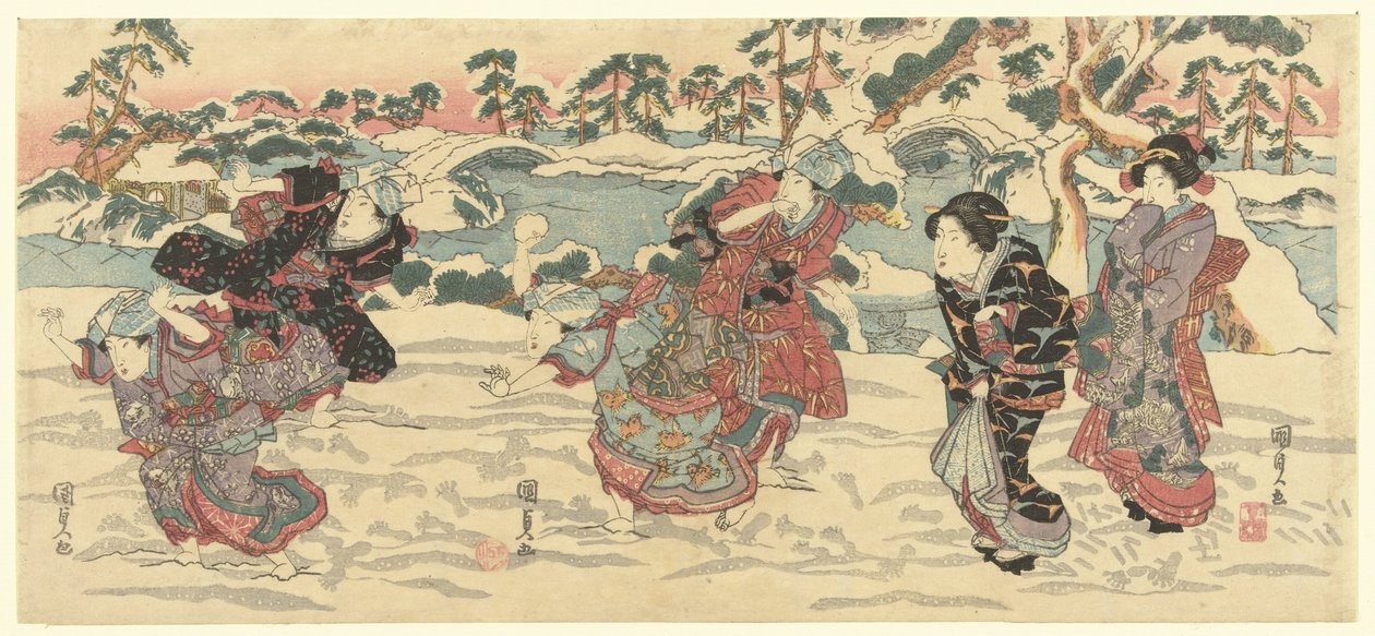 Sneeuwballen gooien door Utagawa Kunisada (I)