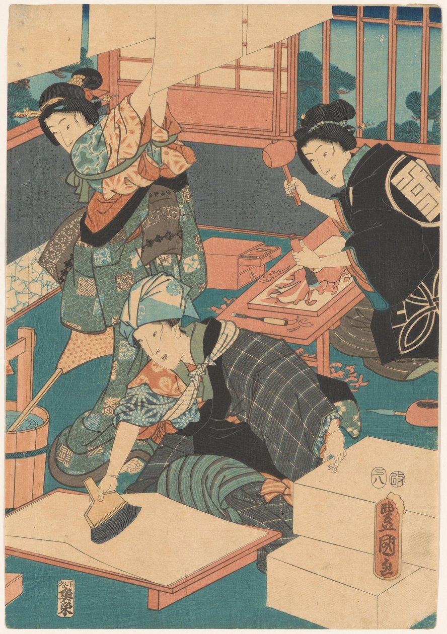 Vrouwen maken prenten (middendeel) door Utagawa Kunisada (I)