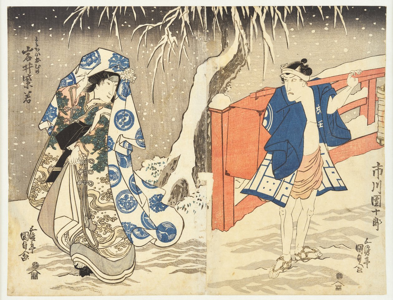 Een stiekeme afspraak in de sneeuw door Utagawa Kunisada