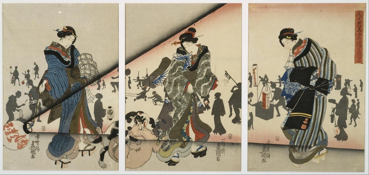 Nachtelijk tafereel met meisjes, dieren en lantaarns door Utagawa Kunisada