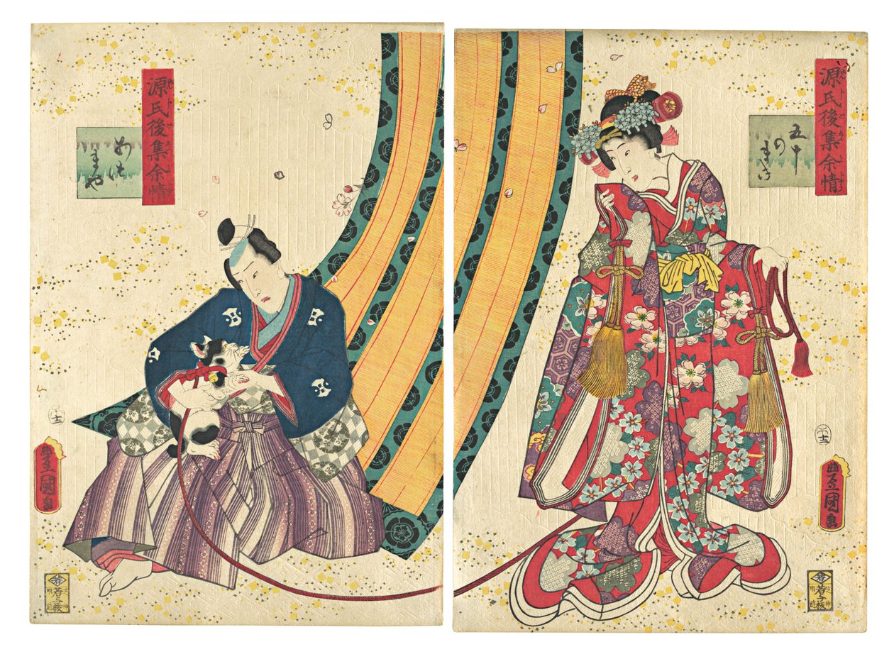 Parodie van de Derde Prinses en Kashiwagi: Hoofdstuk 50: Een Hut in het Oosten, 1858, tweede maand door Utagawa Kunisada