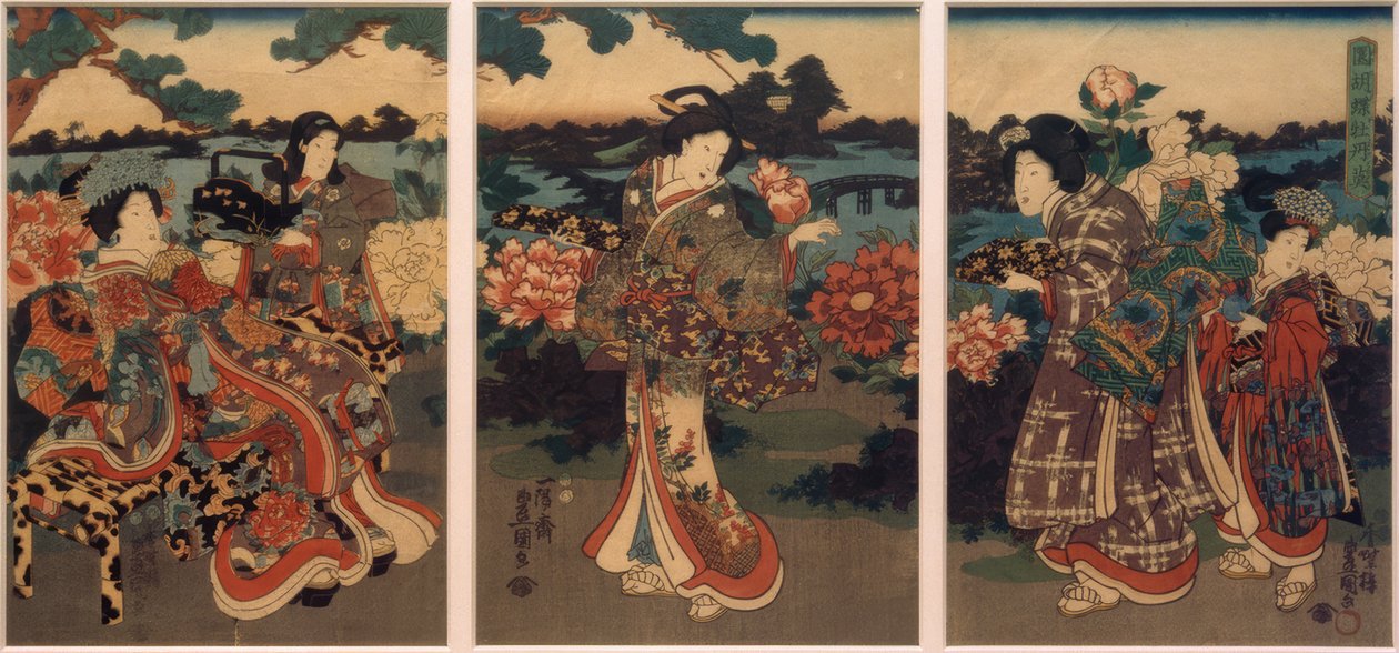 Vlinders en Pioenen door Utagawa Kunisada