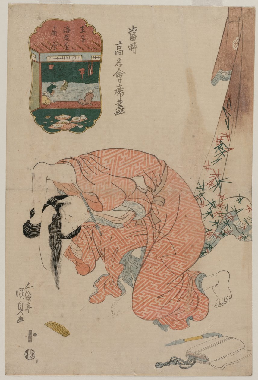 Vrouw die haar haar vastbindt (uit de serie ‘Beroemde restaurants van vandaag’) door Utagawa Kunisada