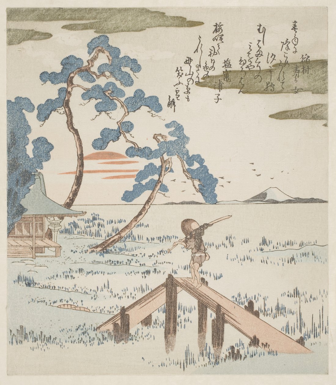 Een boer steekt een voetbrug over door Utagawa Kuniyoshi