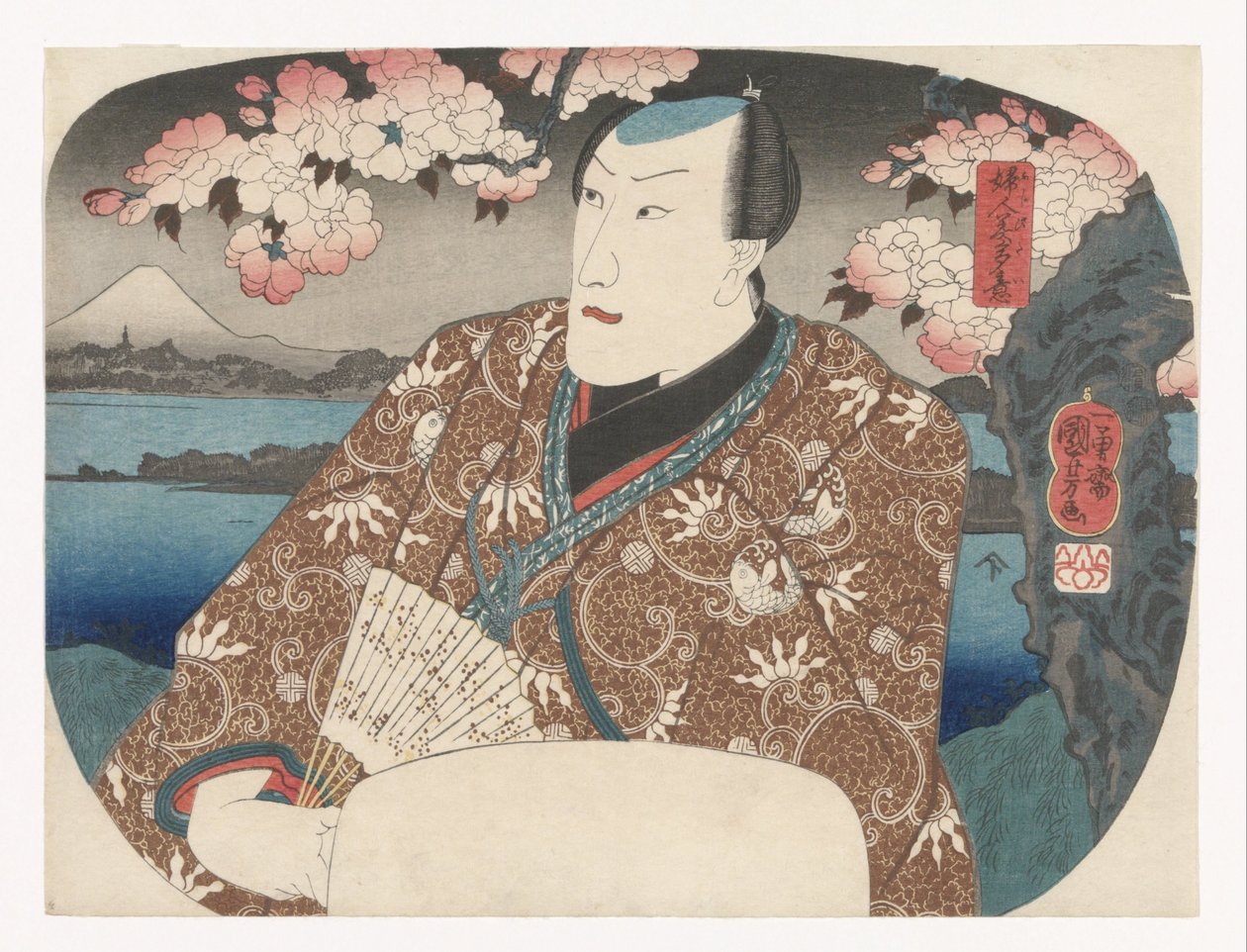 Acteur met waaier onder kersenbloesem door Utagawa Kuniyoshi