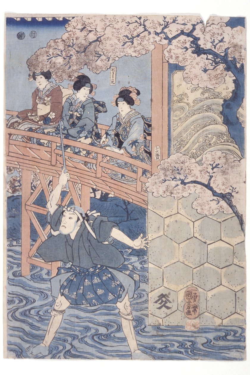 Bandō Hikosaburō IV als Ashikaga Yoshimasa en Ichikawa Kodanji IV als Asakura Tōgo uit het Kabuki-stuk, Higashiyama Sakura Sōshi door Utagawa Kuniyoshi