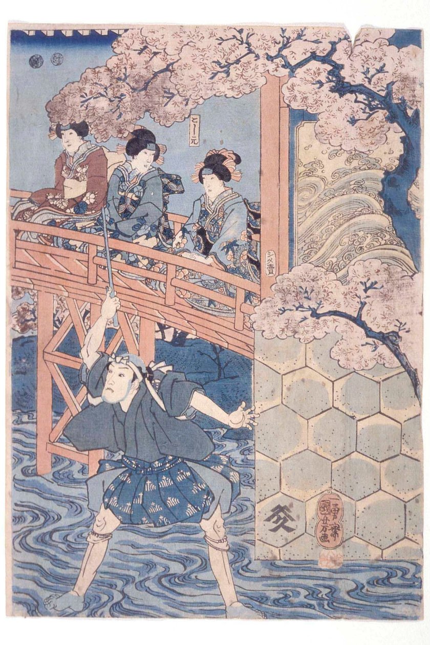 Bandō Hikosaburō IV als Ashikaga Yoshimasa en Ichikawa Kodanji IV als Asakura Tōgo uit het kabuki-stuk Higashiyama sakura sōshi door Utagawa Kuniyoshi