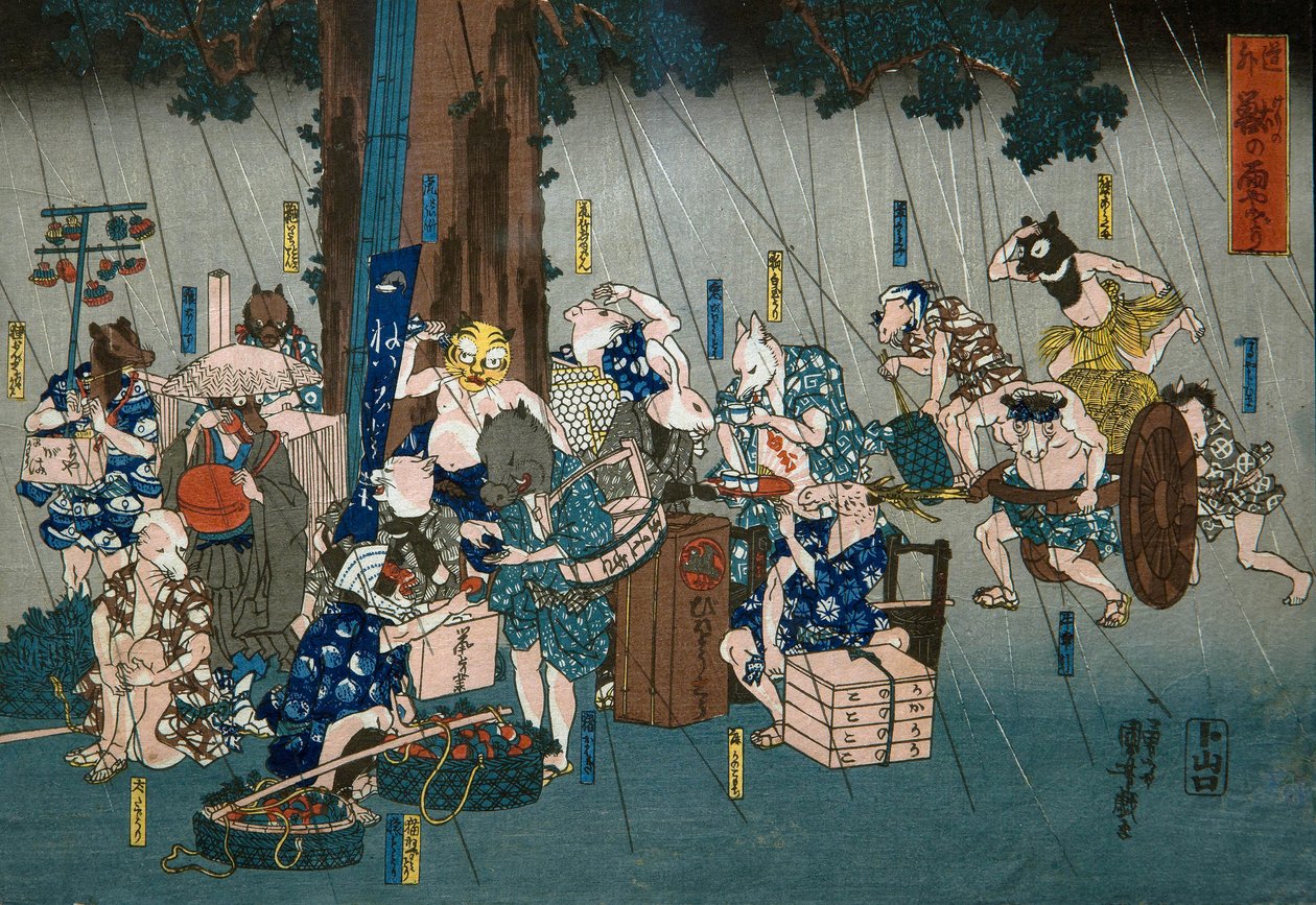 Komische dieren schuilen voor de regen door Utagawa Kuniyoshi