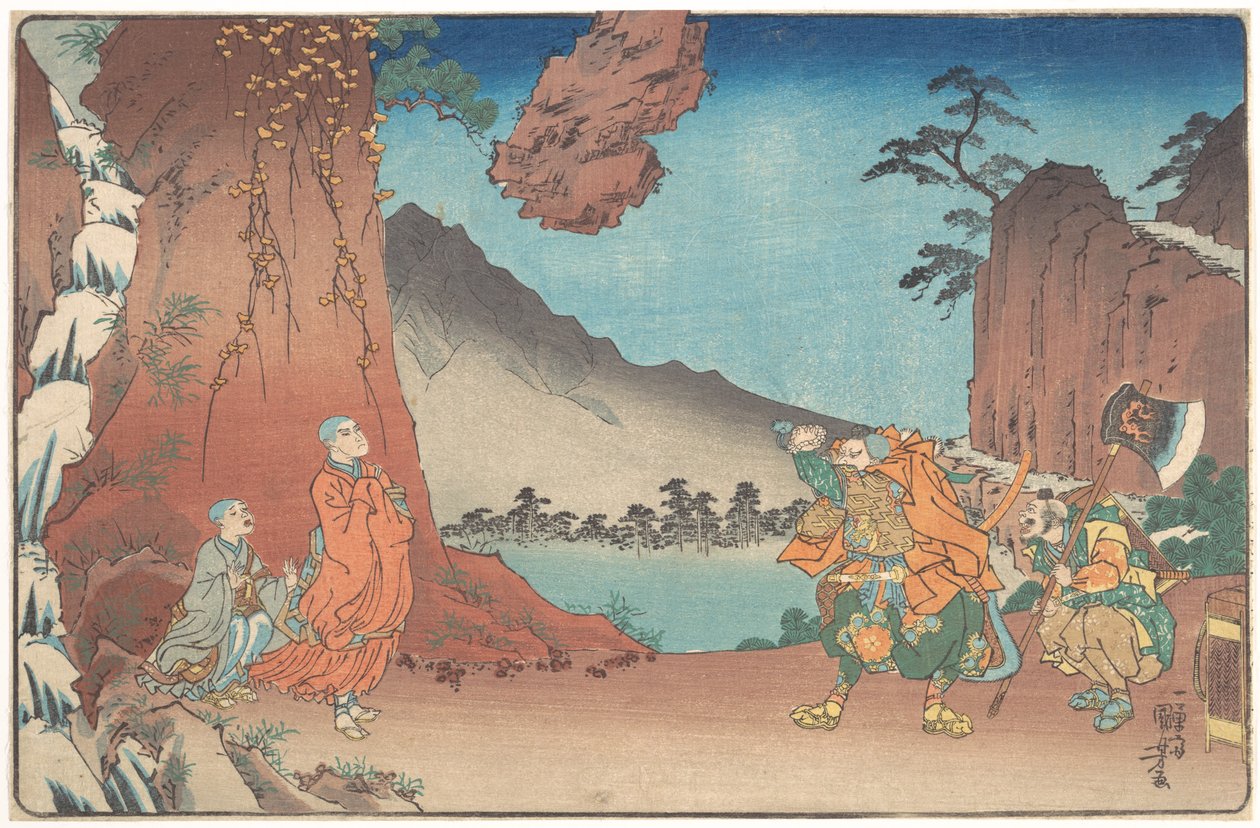 Beknopte, geïllustreerde biografie van monnik Nichiren: De rots die door de kracht van het gebed op de berg Komuro in de lucht blijft hangen door Utagawa Kuniyoshi