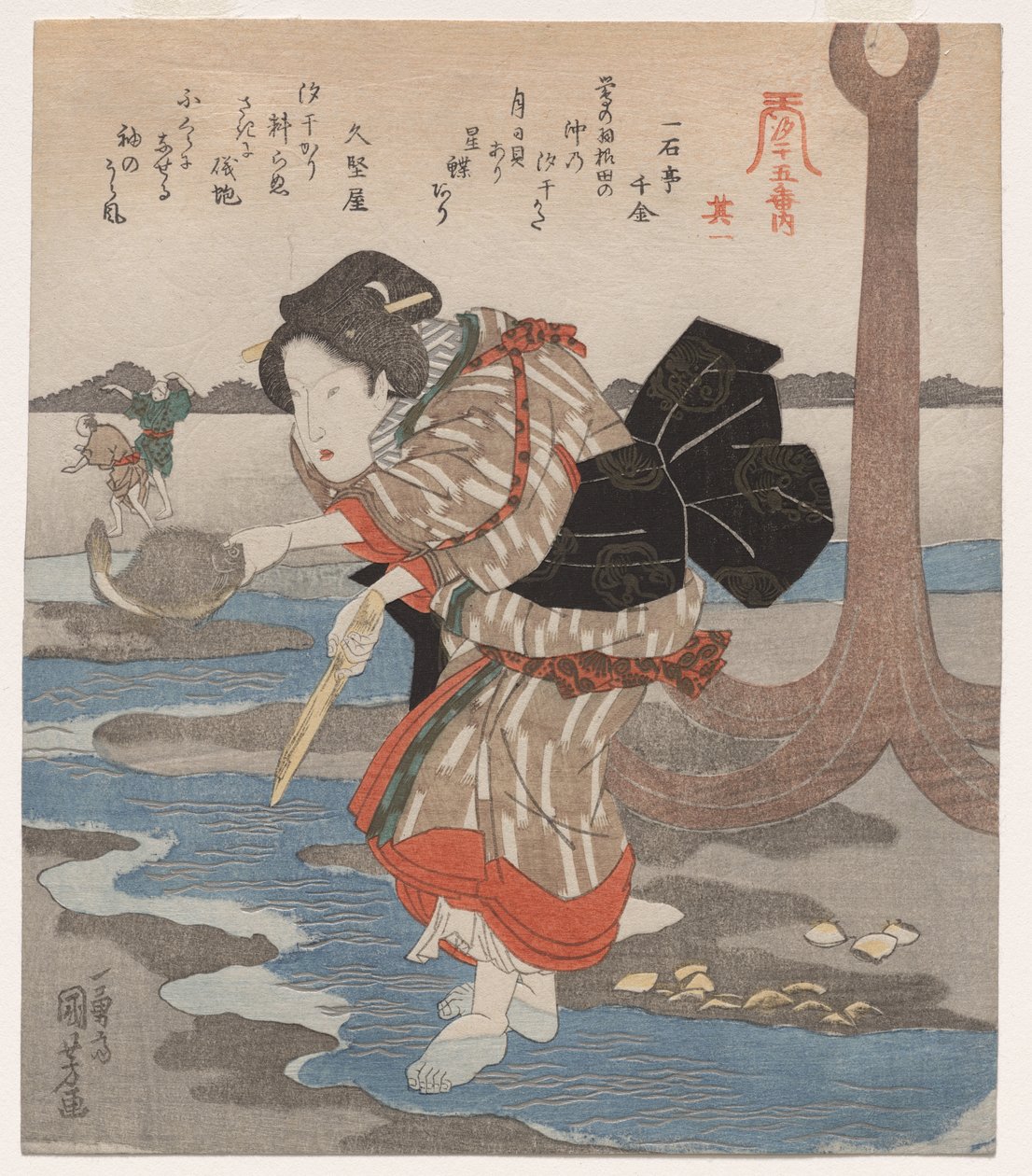 Vrouw naast een anker; uit de serie Vijf schilderijen van eb door Utagawa Kuniyoshi