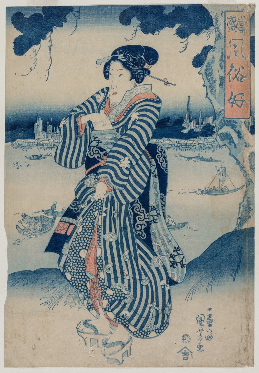 Geisha aan de oever van de Sumidarivier door Utagawa Kuniyoshi