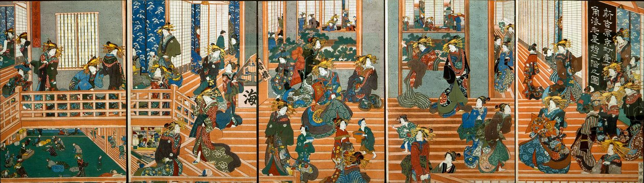 Bovenaanzicht van de bovenverdieping van Kado-Ebiya door Utagawa Kuniyoshi