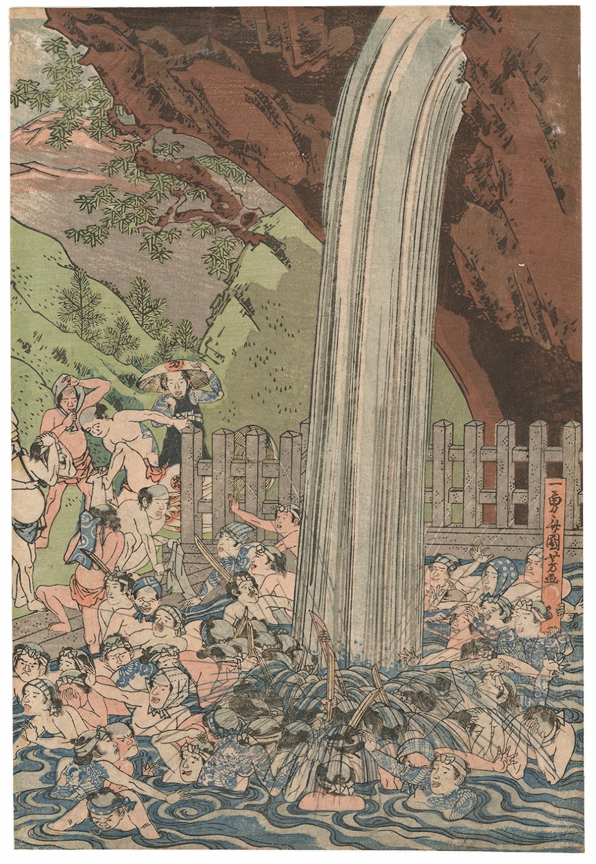Pelgrims bij de Roben-waterval in Oyama, gesigneerd Ichiyusai Kuniyoshi door Utagawa Kuniyoshi