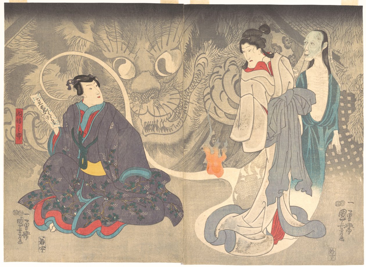 Scène uit een spookverhaal: de kattendemon van Okazaki door Utagawa Kuniyoshi