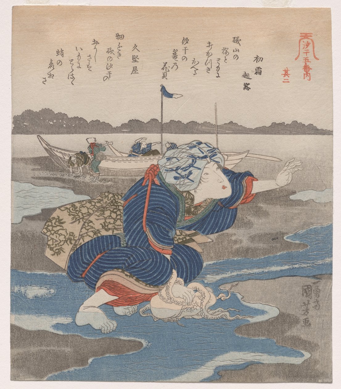 Vrouw met een octopus; uit de serie Vijf afbeeldingen van eb door Utagawa Kuniyoshi