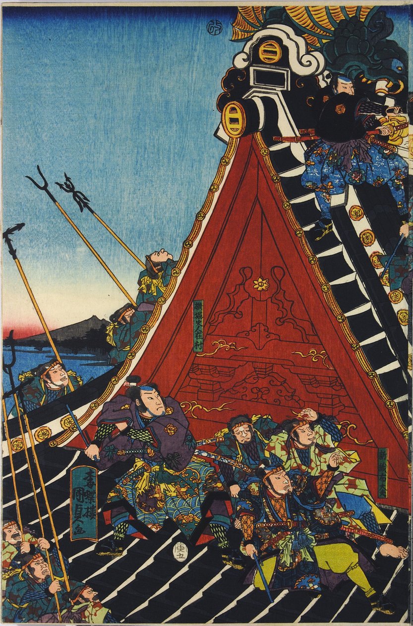 Blad uit een kleurenhoutsnede drieluik, getiteld Horyukaku sho no zu, een scène uit de Hakkenden van Takizawa Bakin die een gevecht op het tempeldak toont tussen Inuzuka Shino door Utagawa Kuniyoshi