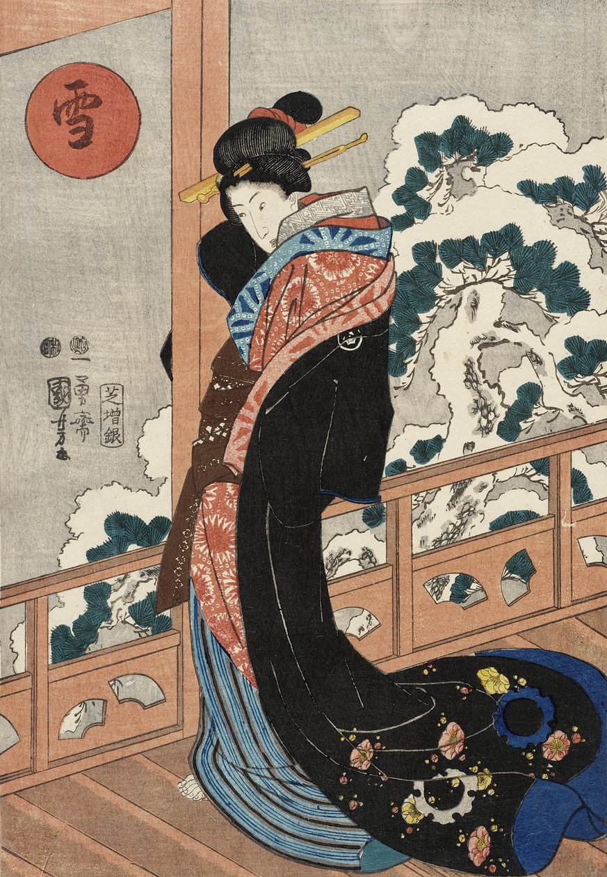 Sneeuw: schoonheid op een veranda door Utagawa Kuniyoshi