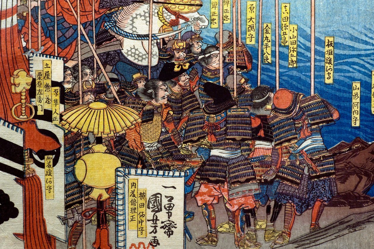 Takeda Shingen verplettert de troepen van Suwa Yorishige (Takeda Shingen Suwa Yorishige no jinchū o uchi-kuzusu zu), ca.1850-51 door Utagawa Kuniyoshi