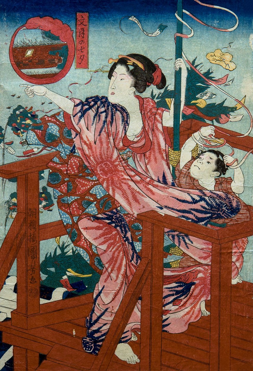 Het Sterrenfestival van de Zevende Maand (Fumizuki no tanabata) Ongetitelde serie van vrouwen met kinderen in de twaalf maanden, ca.1836 door Utagawa Kuniyoshi