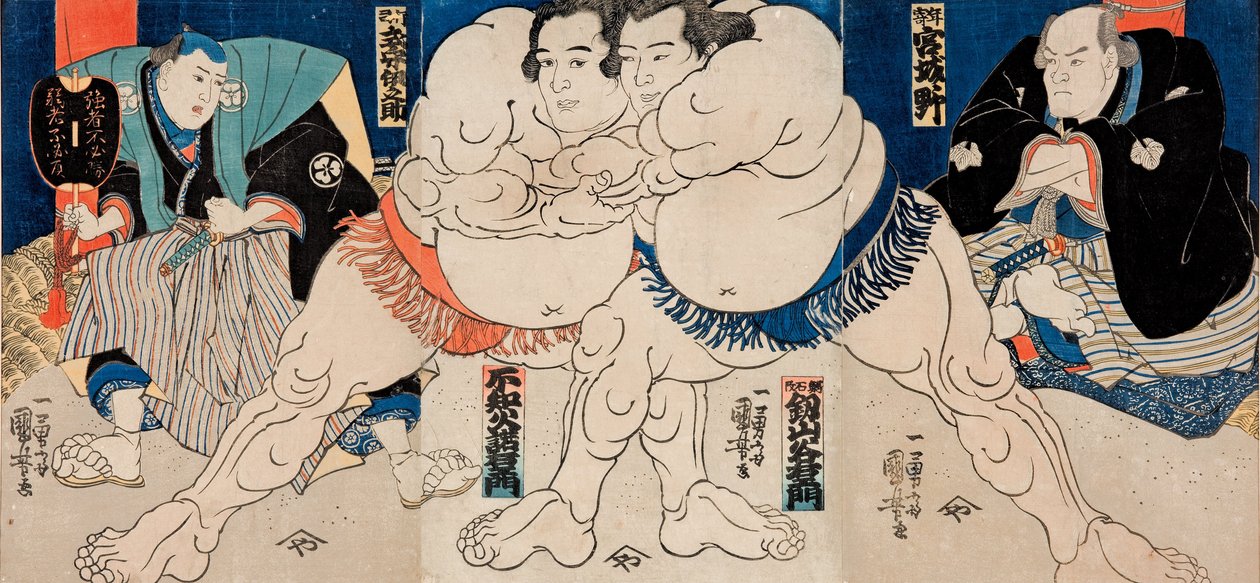 De sumoworstelaars Shiranui Dakuemon (midden links), Tsurugizan Taniemon (midden rechts) met scheidsrechter Shikimori Inosuke en de zittende jurylid (links), de oudere (gepensioneerde) worstelaar Miyagino (rechts) door Utagawa Kuniyoshi