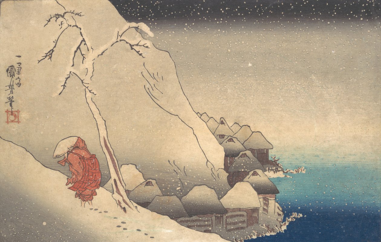 Reizen in een Sneeuwstorm, ca. 1830 door Utagawa Kuniyoshi
