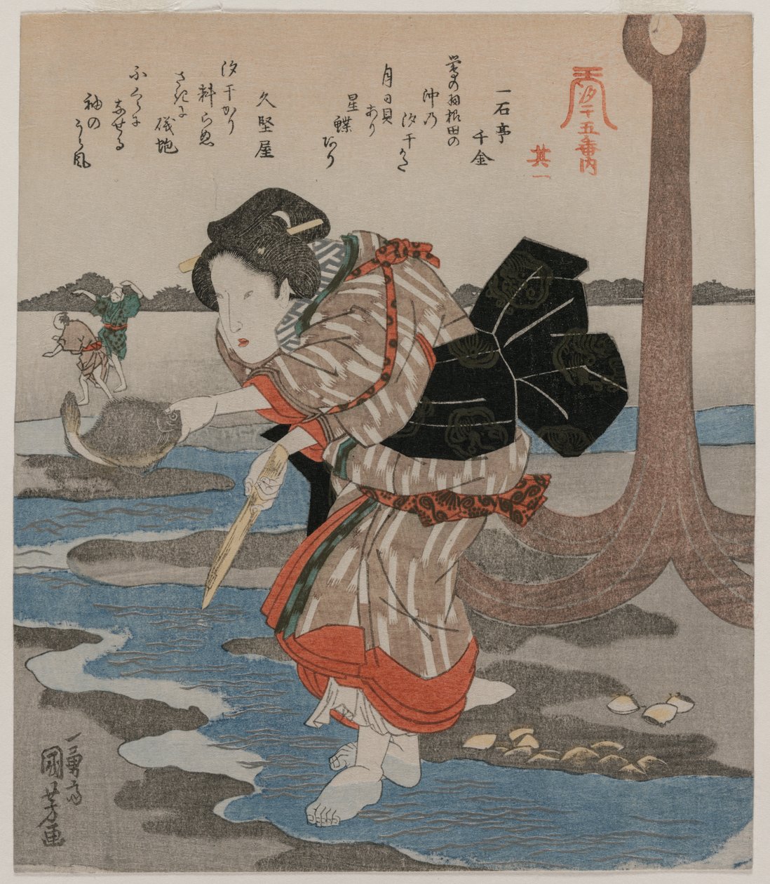 Vrouw naast een anker; uit de serie Vijf schilderijen van eb door Utagawa Kuniyoshi