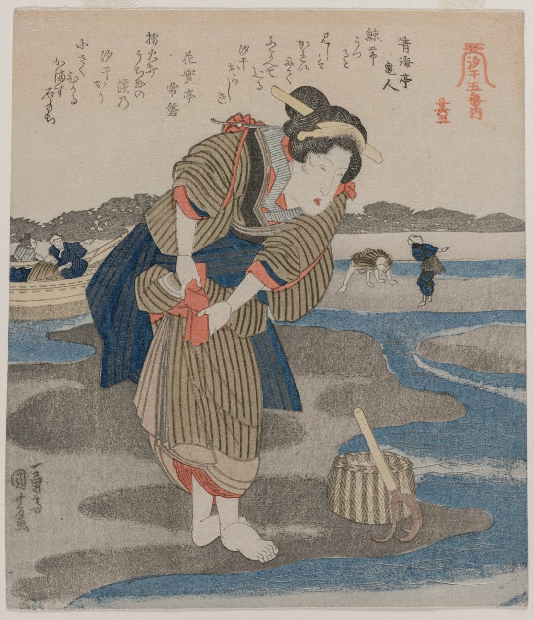 Vrouw die haar rokken vastmaakt, uit de serie Vijf afbeeldingen van eb, late 1820s door Utagawa Kuniyoshi