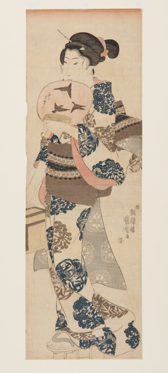 Vrouw met waaier en insectenkooi door Utagawa Kuniyoshi