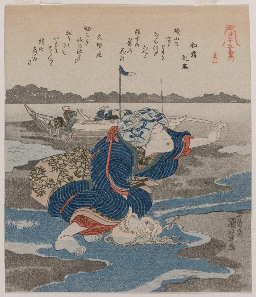 Vrouw met een octopus, uit de serie Vijf afbeeldingen van eb door Utagawa Kuniyoshi