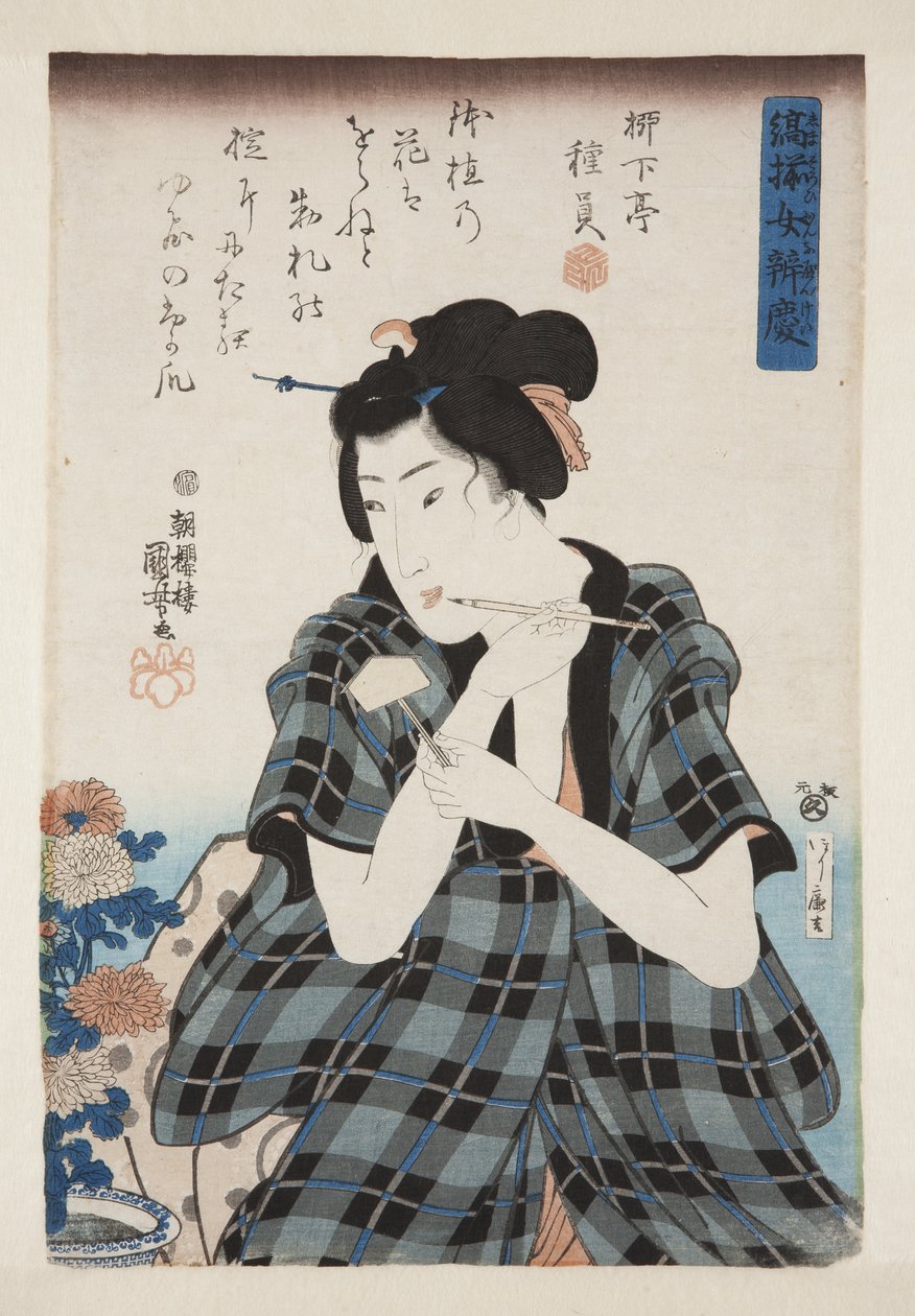 Een etiket schrijven voor chrysanten door Utagawa Kuniyoshi