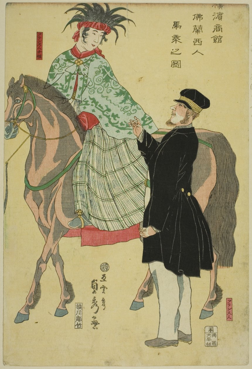 Kooplieden van Yokohama: Franse Vrouw te Paard (Yokohama shokan, Furansujin umanori no zu) door Utagawa Sadahide