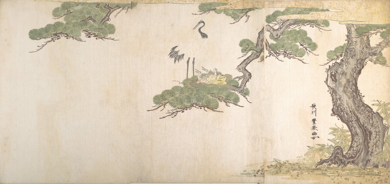 Kraanvogel en hun jongen in hun nest in de takken van een dennenboom door Utagawa Toyoharu