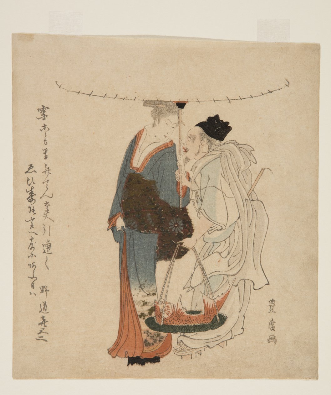 De God Ebisu Wandelt met een Jonge Vrouw in de Sneeuw door Utagawa Toyohiro
