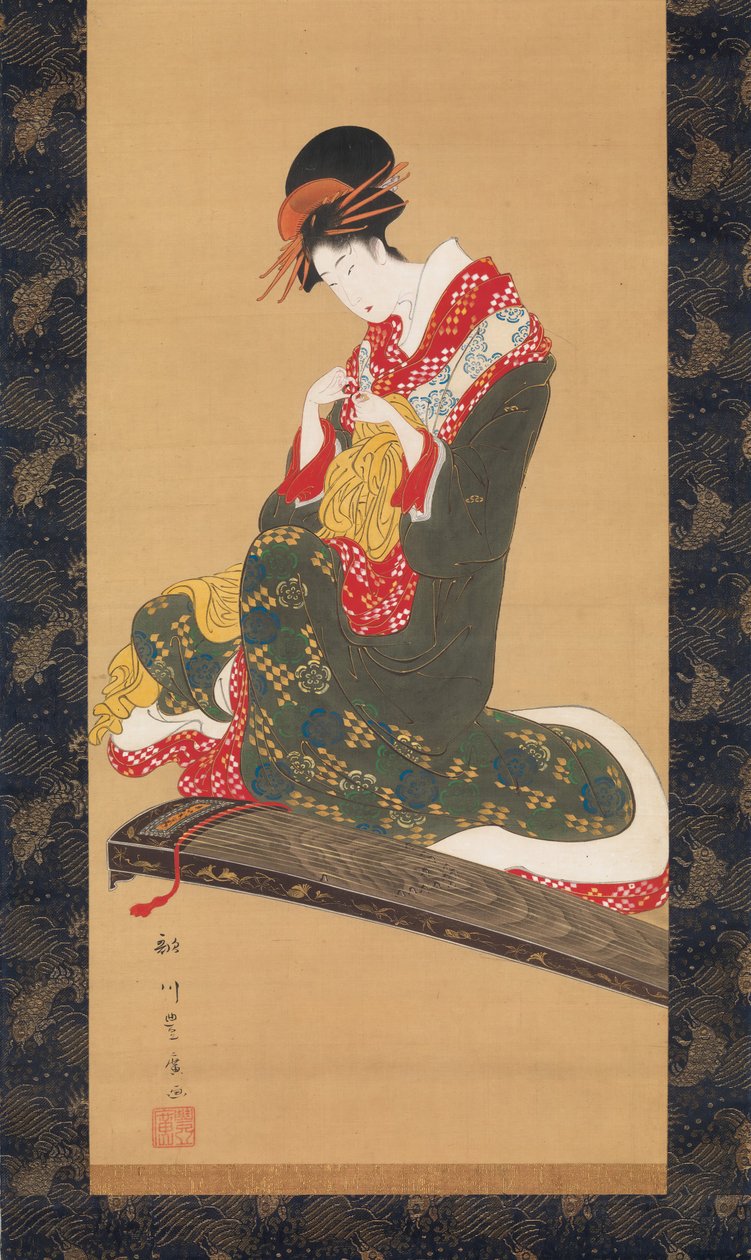 Vrouw die Vingerplectrums Aandoet om de Koto te Bespelen, begin 19e eeuw door Utagawa Toyohiro