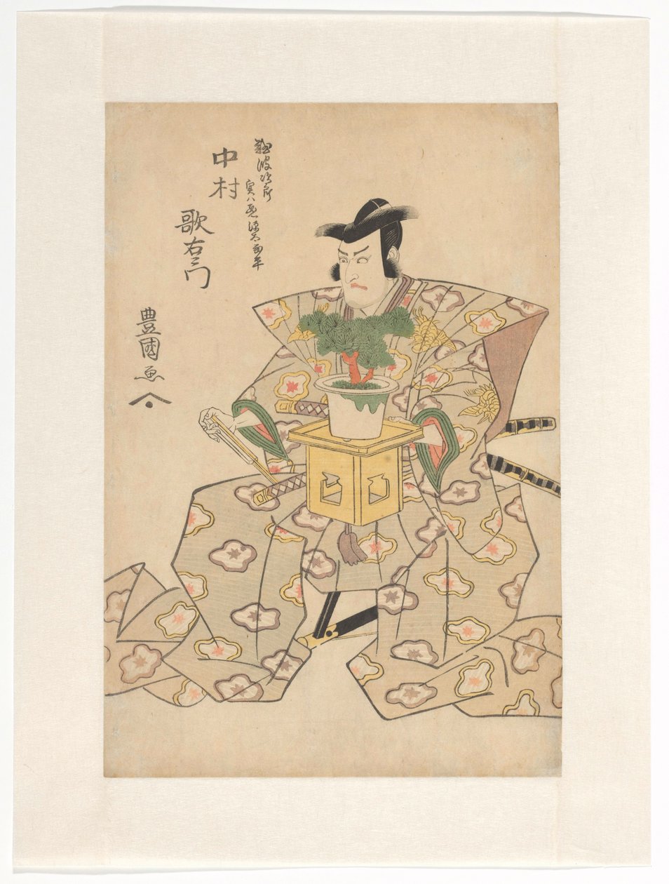 Nakamura Utaemon III houdt bonsai boom vast door Utagawa Toyokuni (I)