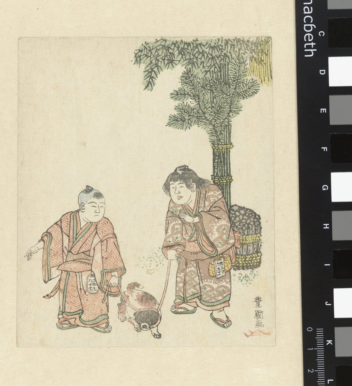 Twee jongens met hond door Utagawa Toyokuni (I)