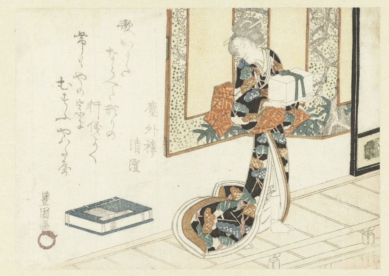 Vrouw die een houten doos draagt door Utagawa Toyokuni (I)
