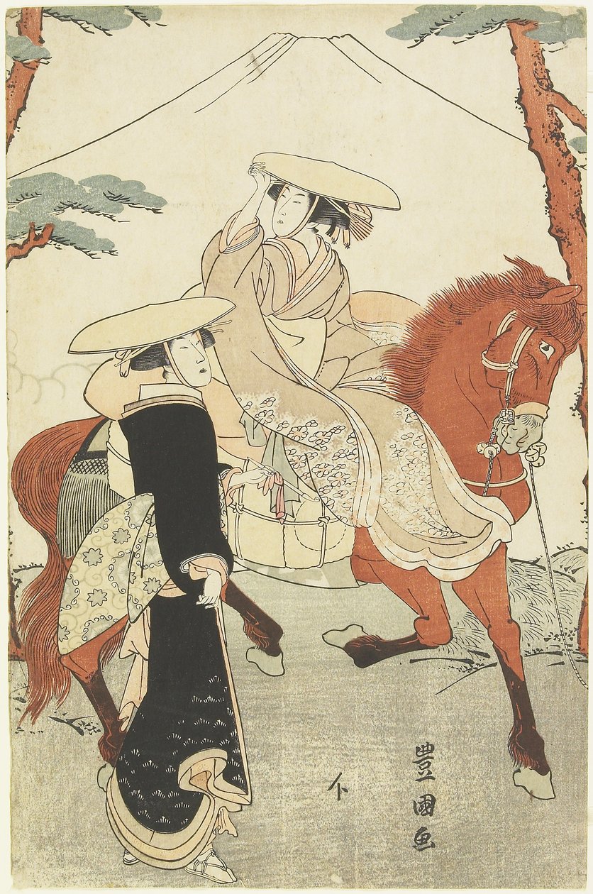 (Twee Vrouwen, Eén Lopend, Eén te Paard), eind 18e-begin 19e eeuw door Utagawa Toyokuni