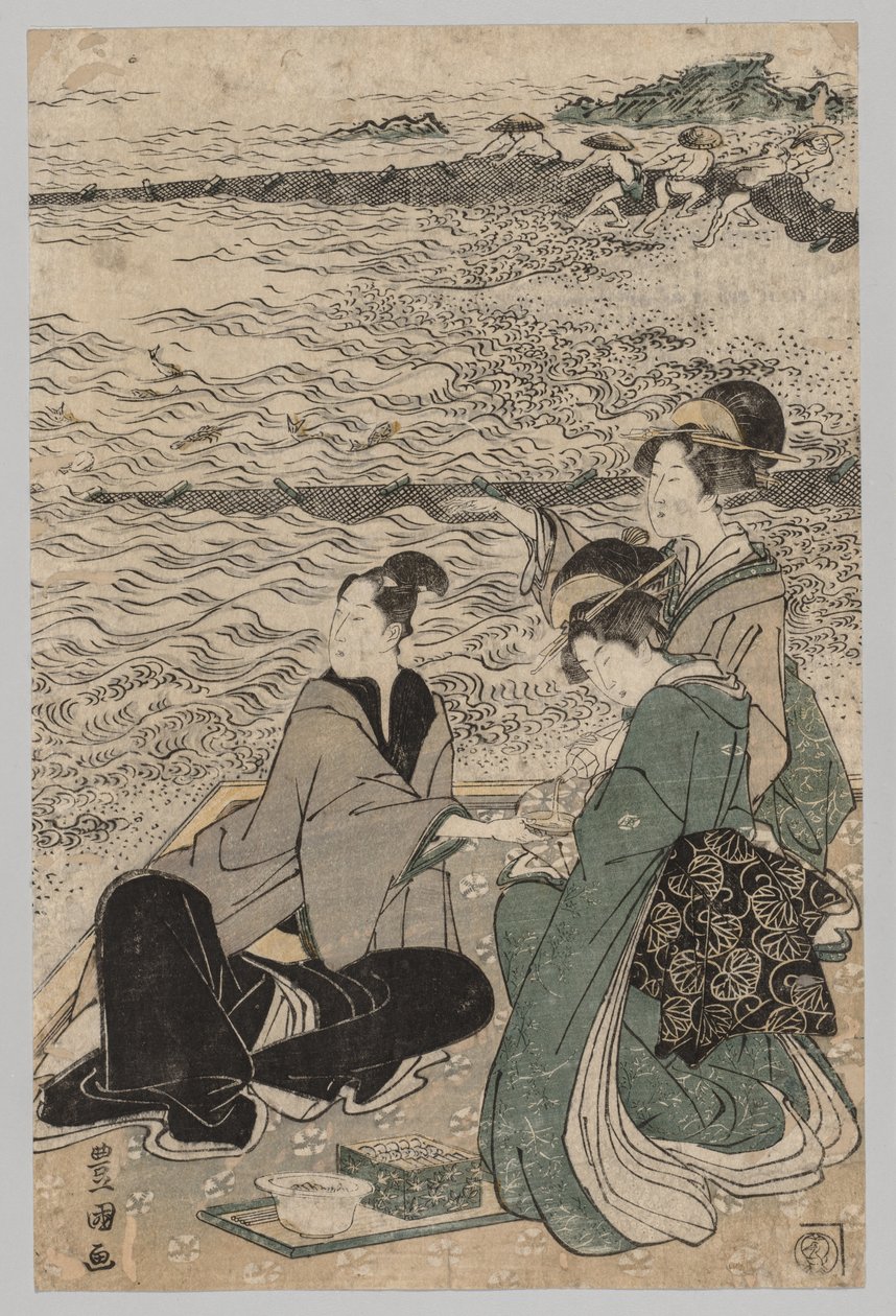Man en twee vrouwen aan de kust, 1769-1825 door Utagawa Toyokuni