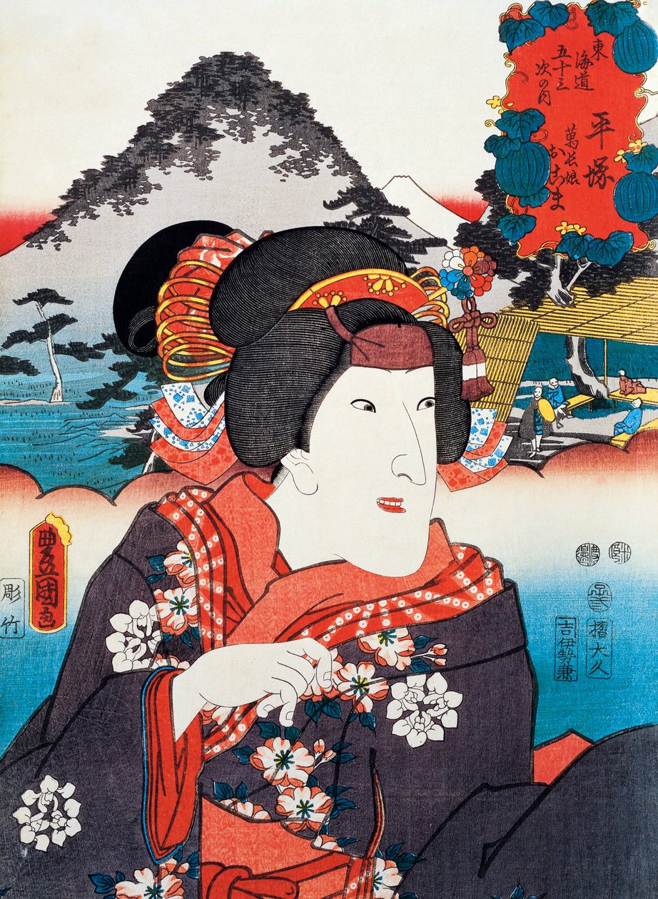 Portret van Kabuki theateractrice, ukiyo-e kunstdruk door Utagawa Toyokuni, houtsnede, Japanse beschaving, Edo periode door Utagawa Toyokuni