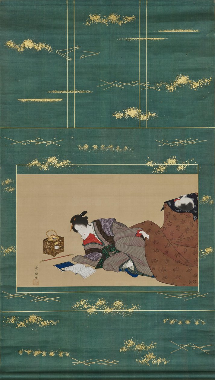 Vrouw die zich warmt aan een "kotatsu" door Utagawa Toyokuni