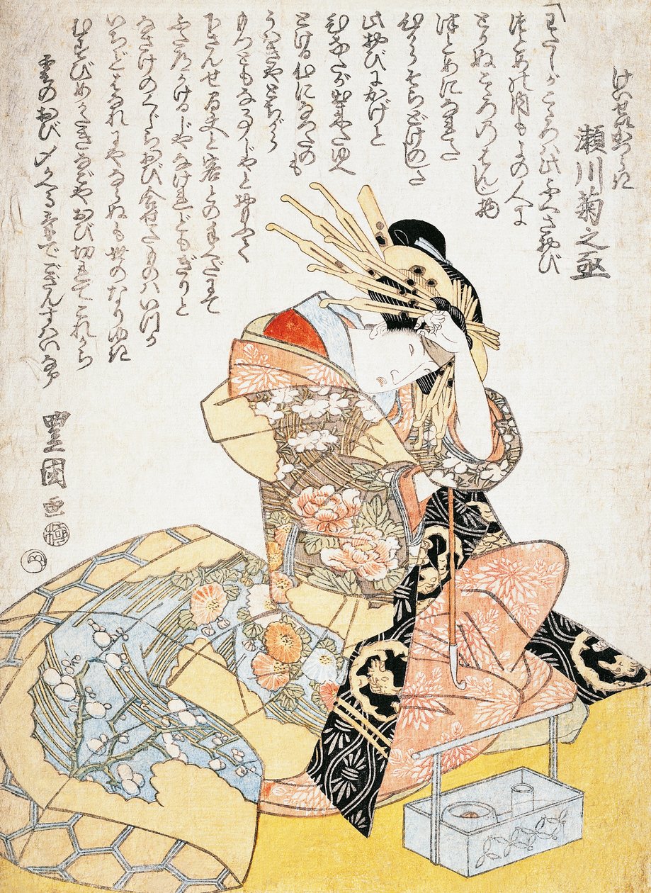 Vrouw met een kalligrafieborstel, houtsnede door Utagawa Toyokuni