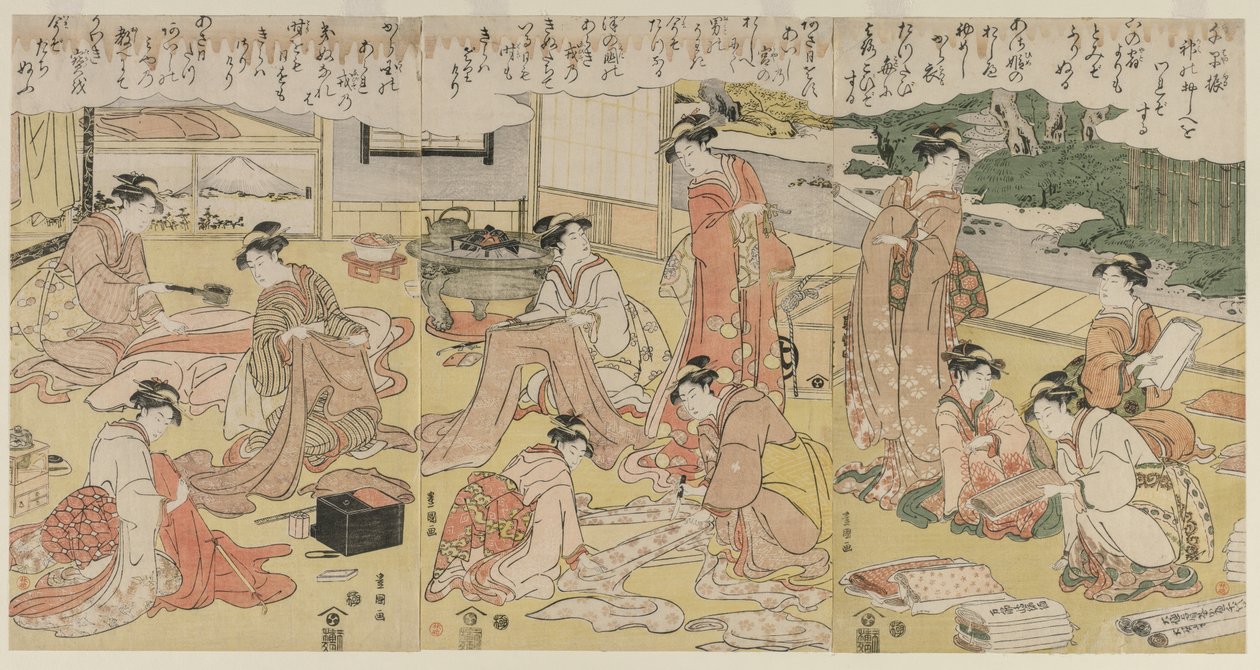 Vrouwen die kleding maken door Utagawa Toyokuni